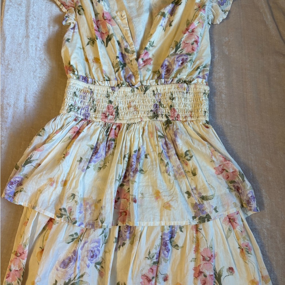 LoveShackFancy Cream Floral Midi Dress with Pink & Purple Accents